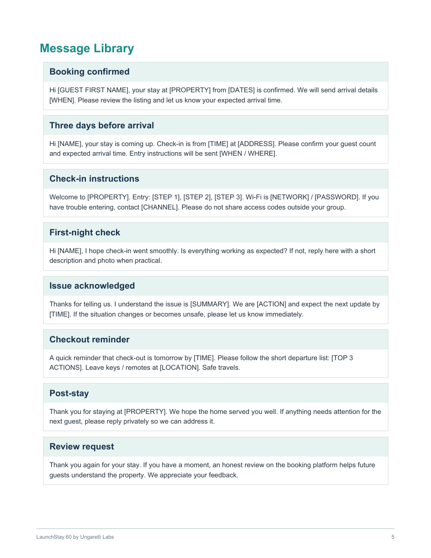 Actual LaunchStay 60 message library page