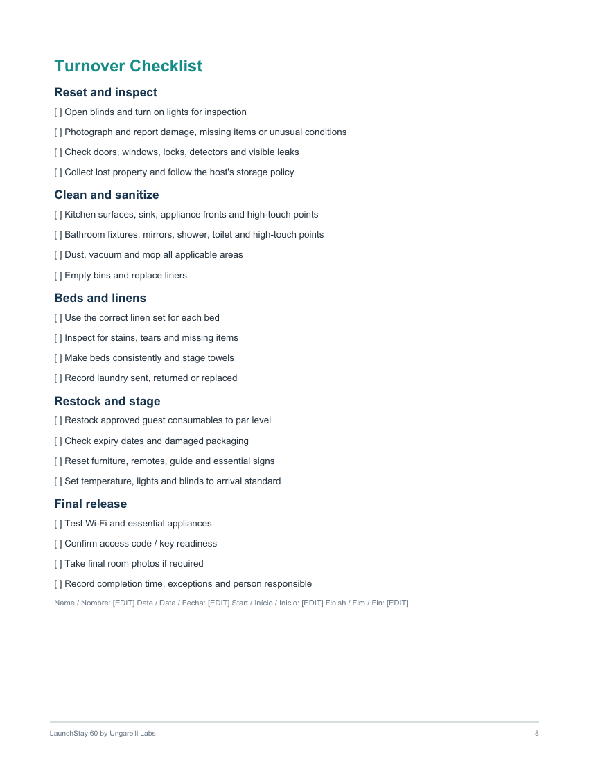 Actual LaunchStay 60 turnover checklist page